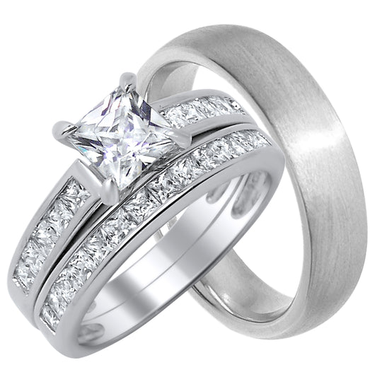 His and hers 3-piece princess-cut CZ wedding ring set with sterling silver bridal rings and sterling silver men's band on white background