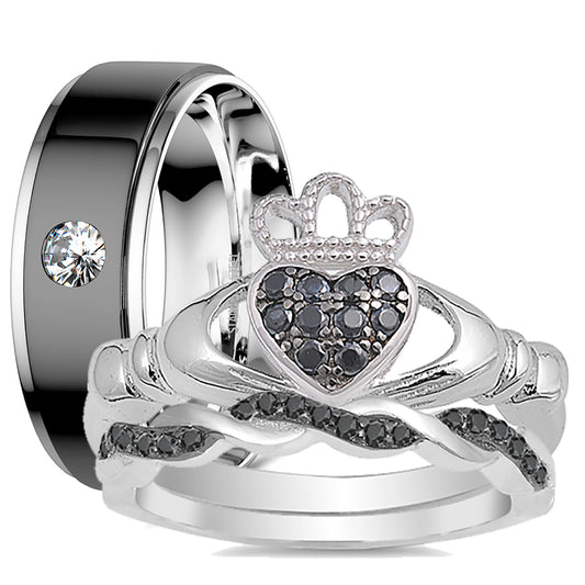 His and hers black CZ wedding ring set with sterling silver bridal rings and titanium men's band on white background