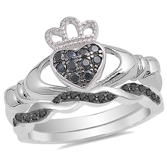 Front view of the women's black cz bridal ring set, showing the engagement ring and matching wedding band on white.