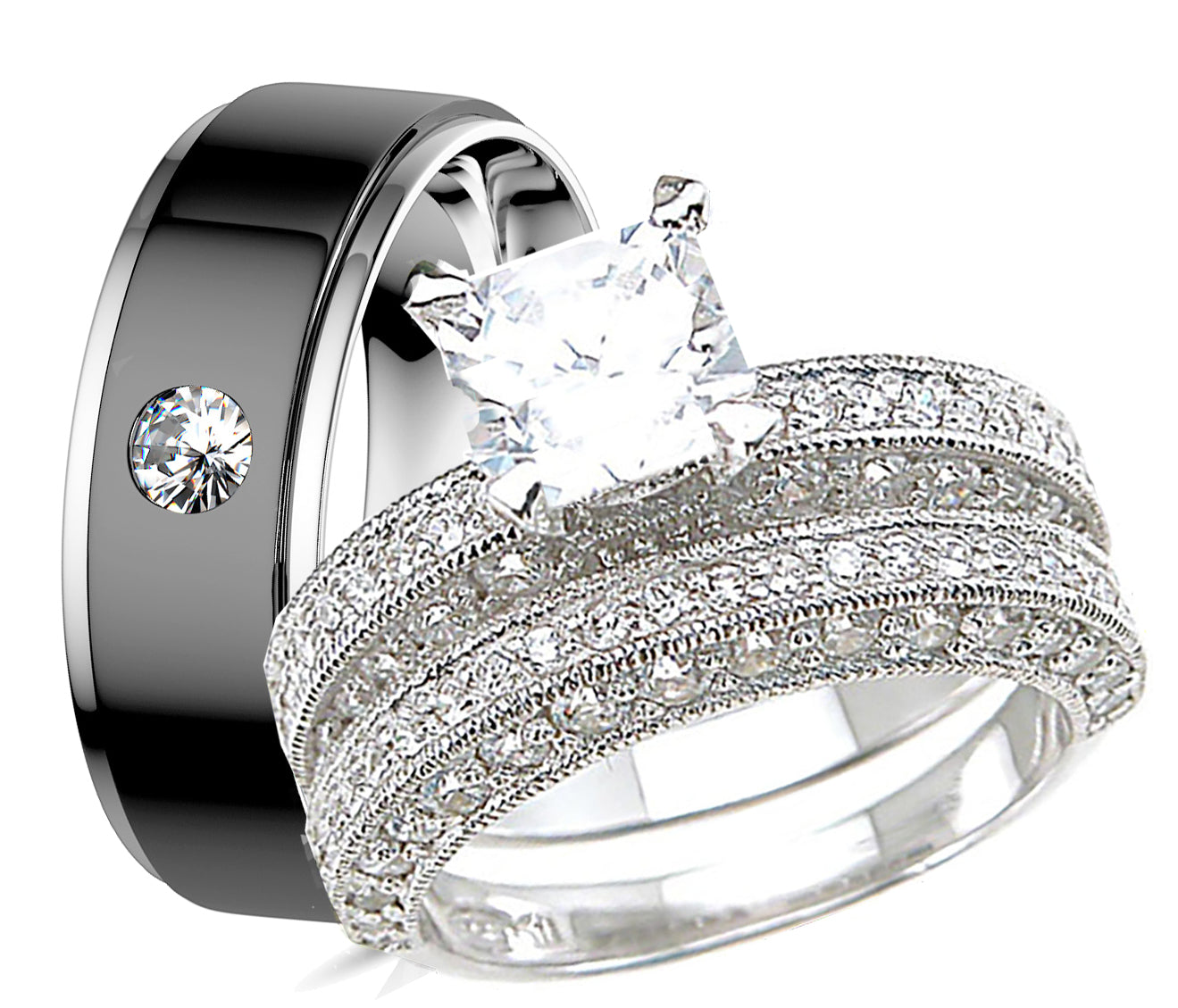 His and hers princess-cut CZ wedding ring set with sterling silver bridal rings and stainless steel men's band on white background