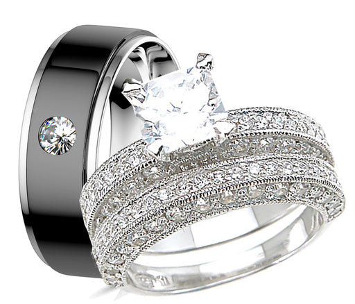 His and hers princess-cut CZ wedding ring set with sterling silver bridal rings and stainless steel men's band on white background