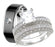 His and hers princess-cut CZ wedding ring set with sterling silver bridal rings and stainless steel men's band on white background