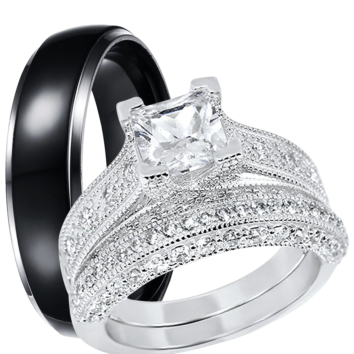 Hers And His 3-Piece Stainless Steel Wedding Engagement Ring Set With Cubic Zirconia
