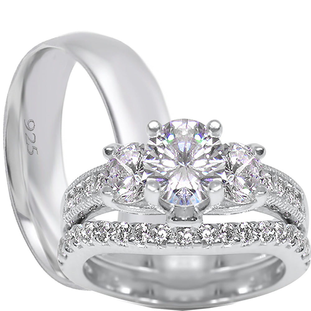 His and Her Sterling Silver CZ Wedding Engagement Ring Set