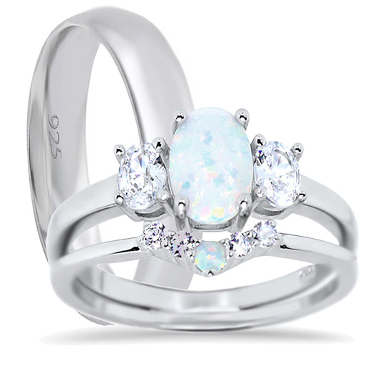 His Her White Opal Sterling Silver TRIO Wedding Ring Set