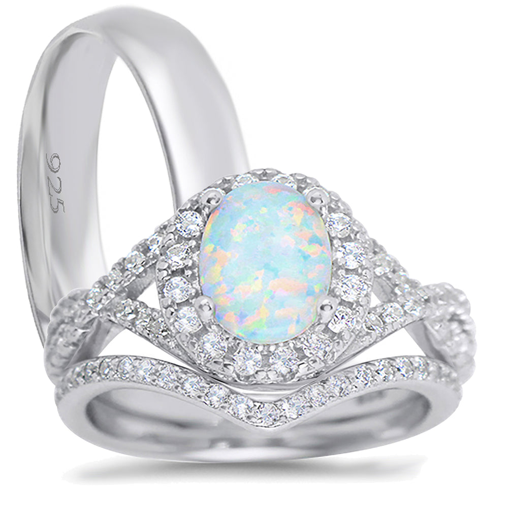 His Her Sterling Silver Opal TRIO Wedding Ring Set