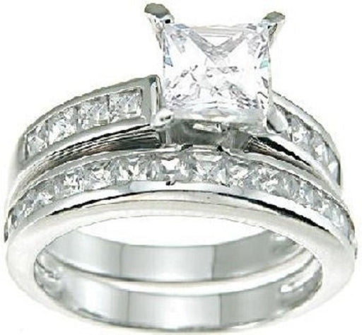 Sterling Silver Princess Cut CZ Wedding Engagement Bridal Ring Set for Women