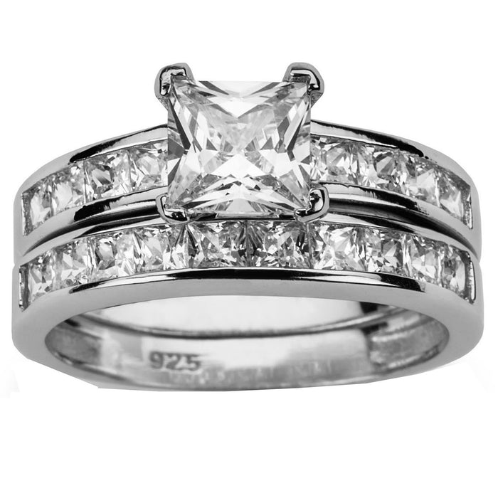 His and Her TRIO Wedding Ring Set Princess Cut CZ Silver Bridal Set Titanium Wedding Band