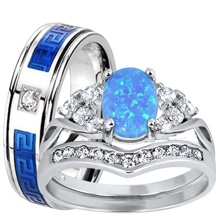 His Her Wedding Set 3 Piece TRIO Blue Opal CZ Silver Rings for Women Men Bride Groom