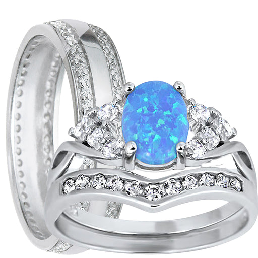 His Her Wedding Set 3 Piece TRIO Blue Opal CZ Silver Rings for Women Men Bride Groom