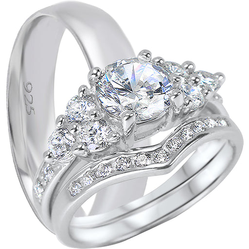 His and hers 3-piece CZ wedding ring set with sterling silver bridal rings and sterling silver men's band on white background