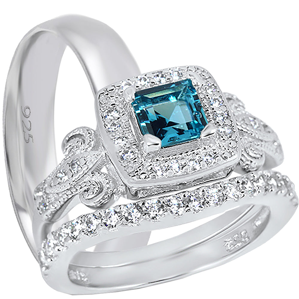 LaRaso & Co Wedding Ring Set His Hers 925 Silver Blue Simulted Topaz Engagement TRIO Set Him Her 6/10