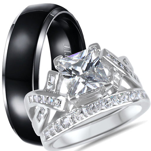His and hers CZ wedding ring set with sterling silver bridal rings and titanium men's band on white background