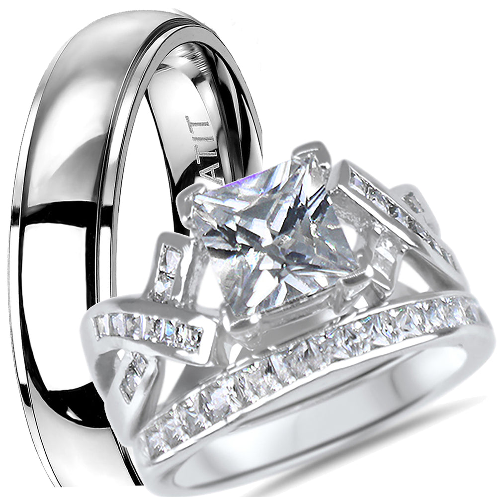 His and hers CZ wedding ring set with sterling silver bridal rings and titanium men's band on white background
