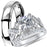 His and hers CZ wedding ring set with sterling silver bridal rings and titanium men's band on white background