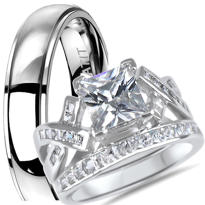 His and hers CZ wedding ring set with sterling silver bridal rings and titanium men's band on white background