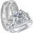 His and hers CZ wedding ring set with sterling silver bridal rings and titanium men's band on white background