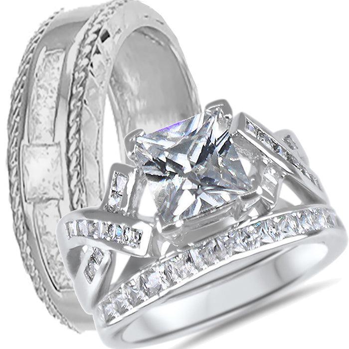 His and hers CZ wedding ring set with sterling silver bridal rings and titanium men's band on white background