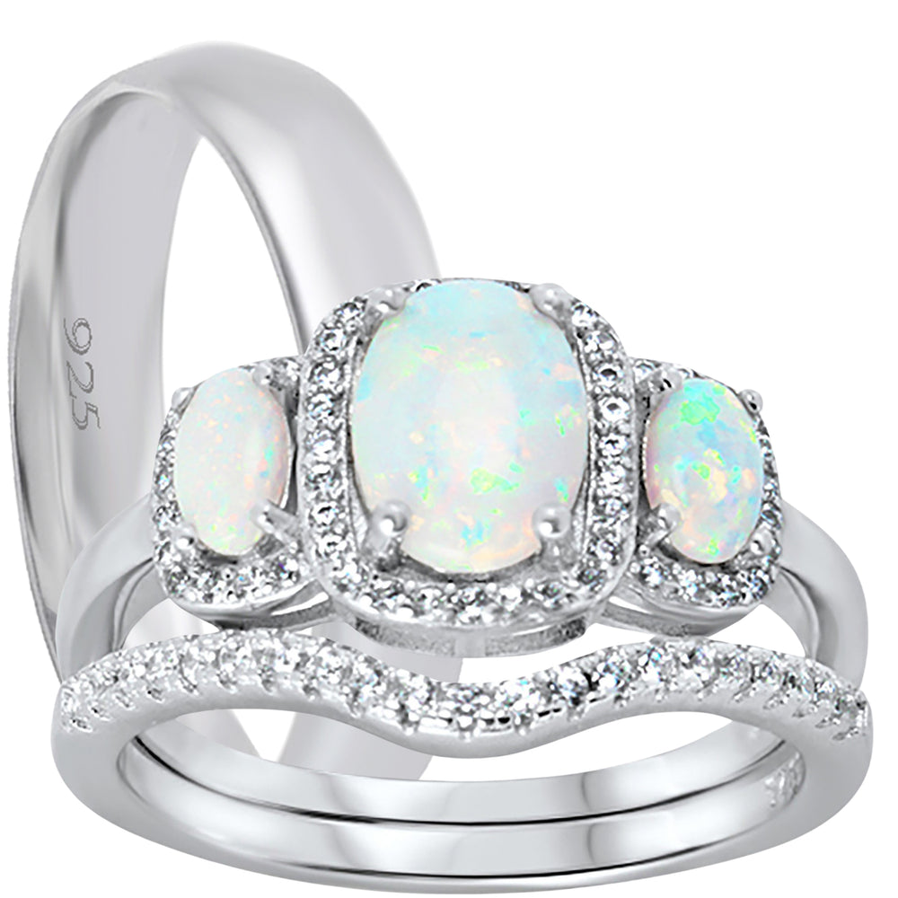 His and hers 3-piece white opal wedding ring set with sterling silver bridal rings and sterling silver men's band on white background
