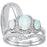 His and hers 3-piece white opal wedding ring set with sterling silver bridal rings and sterling silver men's band on white background