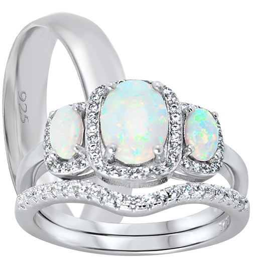His and hers 3-piece white opal wedding ring set with sterling silver bridal rings and sterling silver men's band on white background