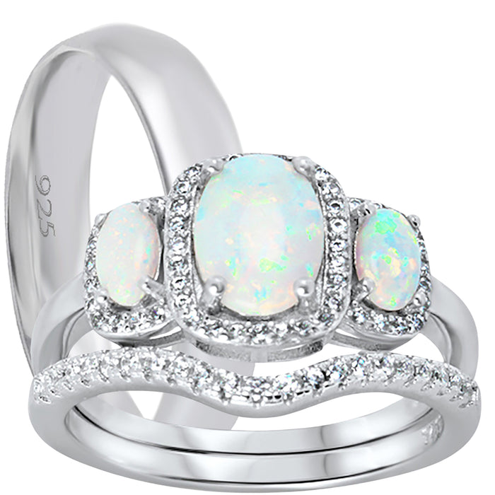 His and hers 3-piece white opal wedding ring set with sterling silver bridal rings and sterling silver men's band on white background