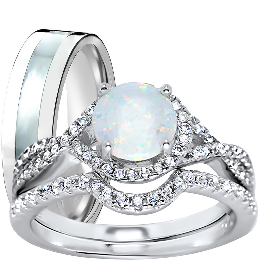 His Her Wedding Rings Sterling Silver Opal CZ Engagement TRIO Set Him Her