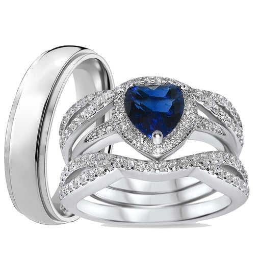 His Her Sapphire CZ Silver Titanium Wedding Ring Set