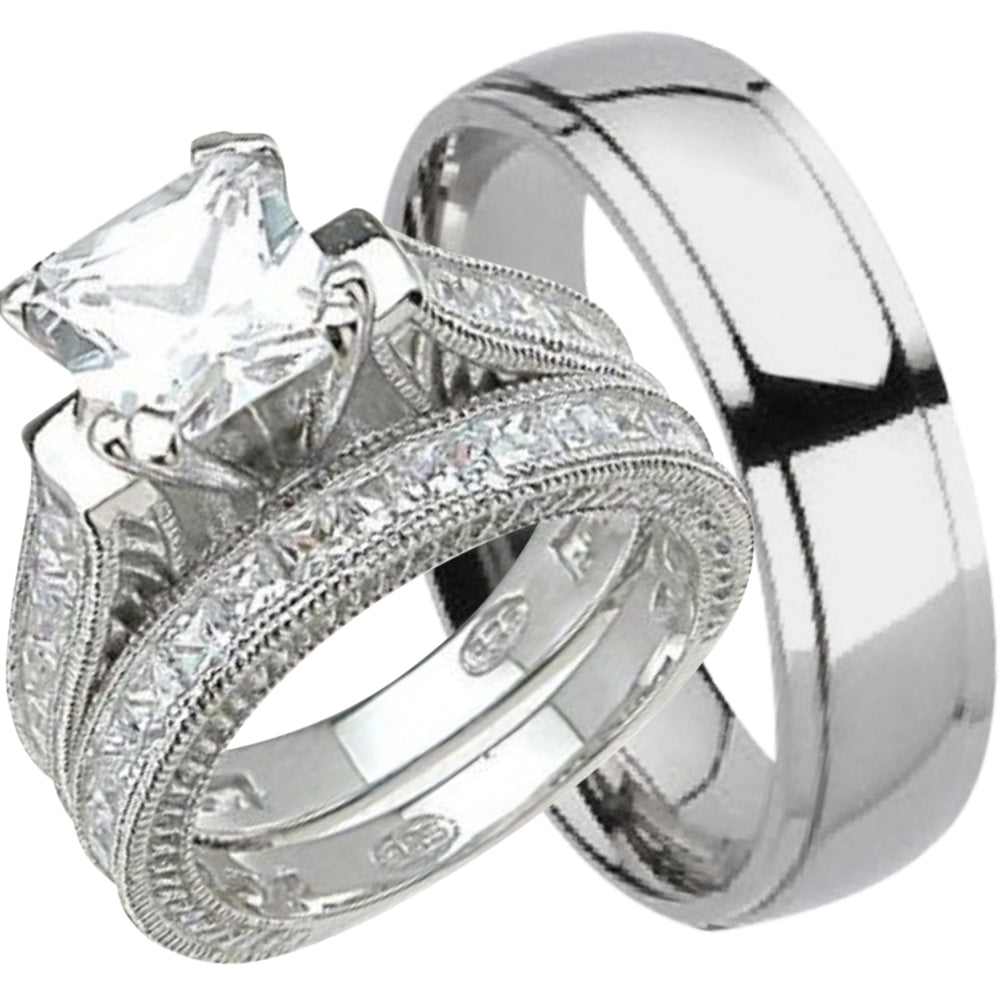 His Her TRIO Wedding Engagement Ring Set