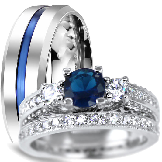 His and hers 3-piece sapphire wedding ring set with sterling silver bridal rings and stainless steel men's band on white background