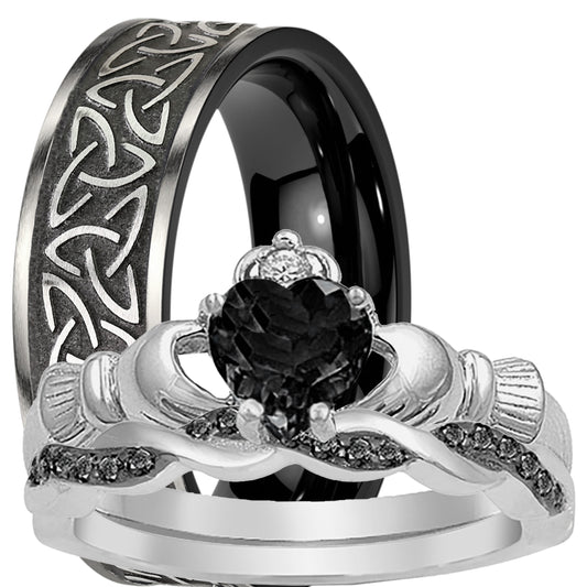 His and hers heart-cut black CZ wedding ring set with sterling silver bridal rings and black ceramic-coated stainless steel men's band on white background