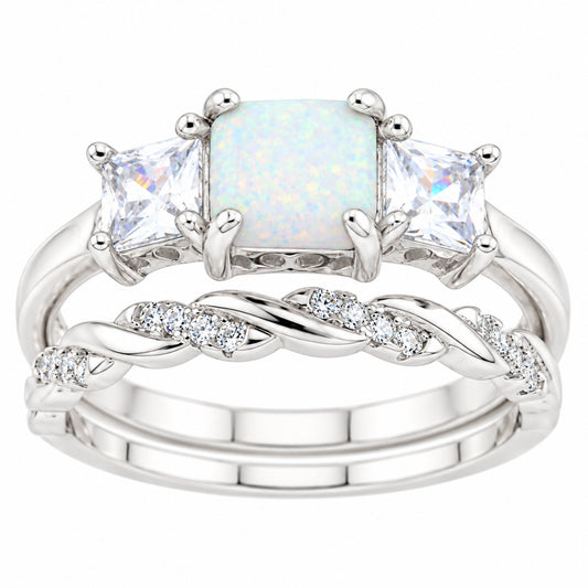 Princess Cut Three Stone Sterling Silver White Opal Wedding and Engagement Ring Set for Women