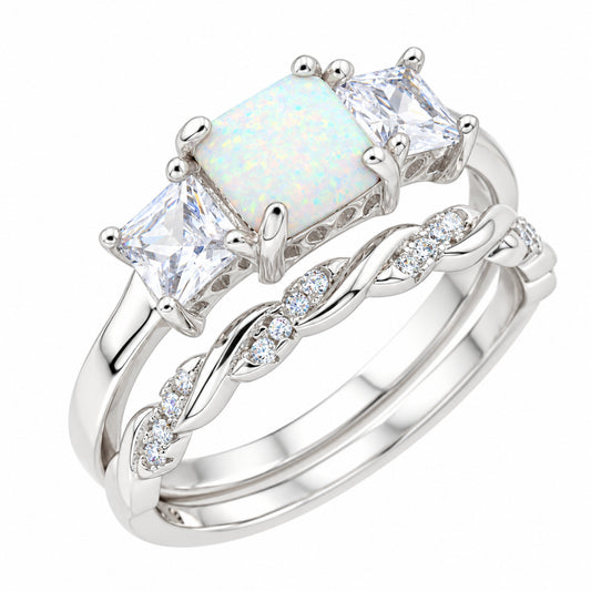 Princess Cut Three Stone Sterling Silver White Opal Wedding and Engagement Ring Set for Women