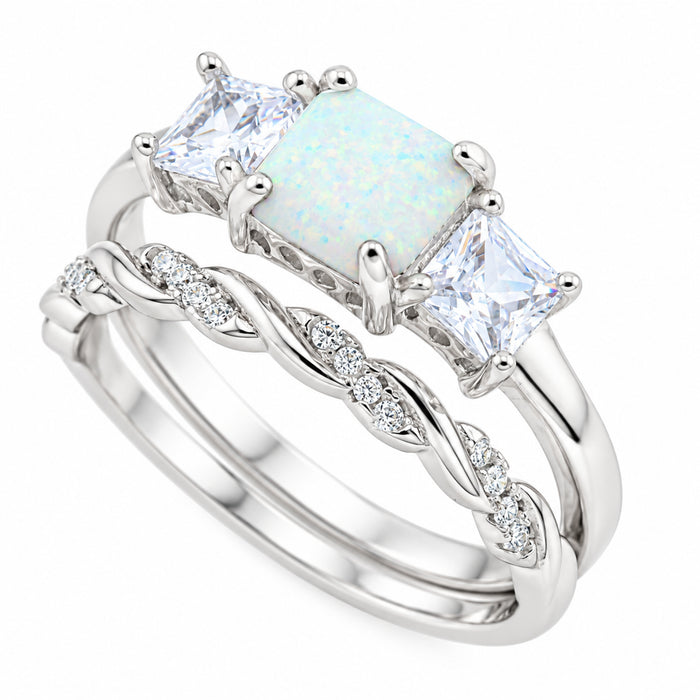 Princess Cut Three Stone Sterling Silver White Opal Wedding and Engagement Ring Set for Women