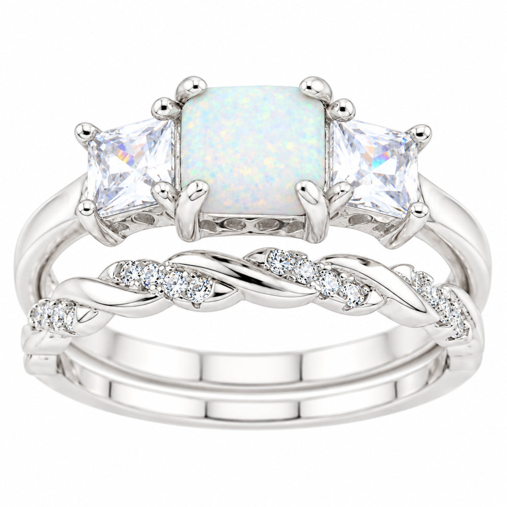 Princess Cut Three Stone Sterling Silver White Opal Wedding and Engagement Ring Set for Women