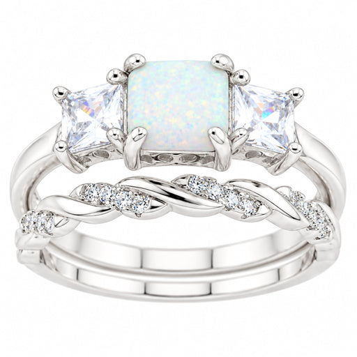 Princess Cut Three Stone Sterling Silver White Opal Wedding and Engagement Ring Set for Women