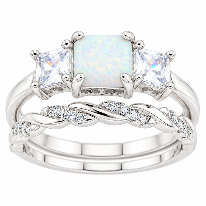 Princess Cut Three Stone Sterling Silver White Opal Wedding and Engagement Ring Set for Women