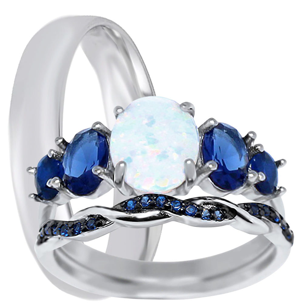 His Hers Wedding Set His Her Silver White Opal Wedding Rings for Him & Her