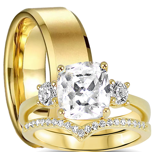 Solitaire round cut gold plated silver his her wedding rings