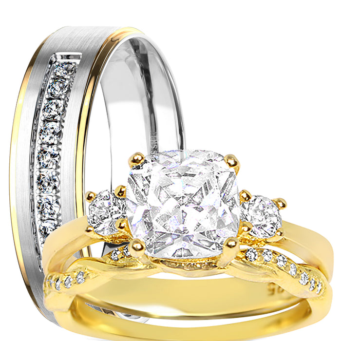 His Her Wedding Ring Set Gold Plated Silver CZ Bridal Set with Matching Band for Him