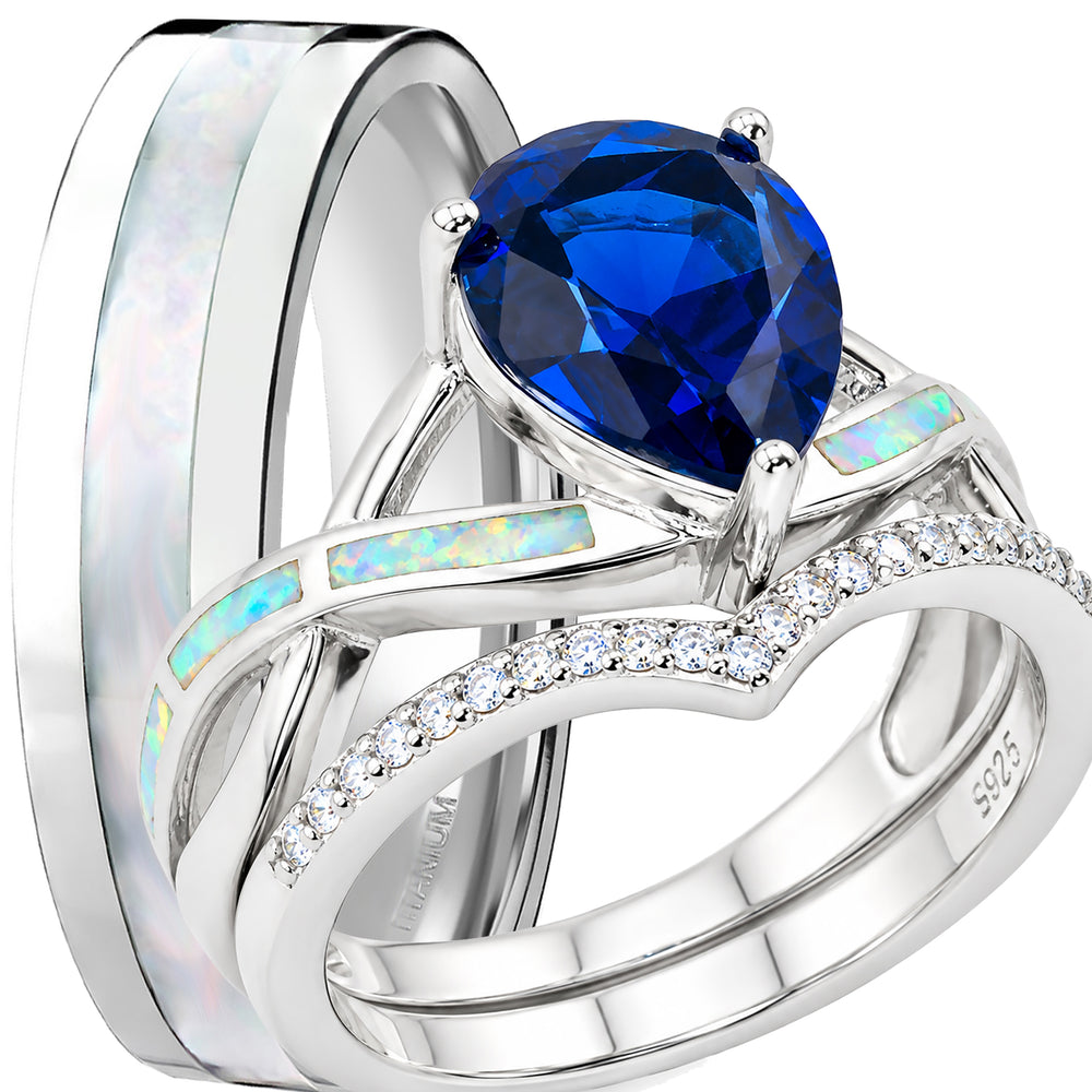 His Her TRIO Wedding Engagement Couples Ring Set Silver Titanium Opal CZ