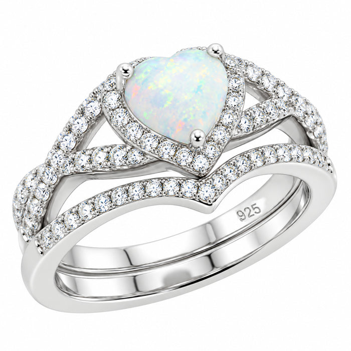Left side view of 1 Carat Heart Cut Lab Created White Opal Silver Wedding and Engagement Ring Set