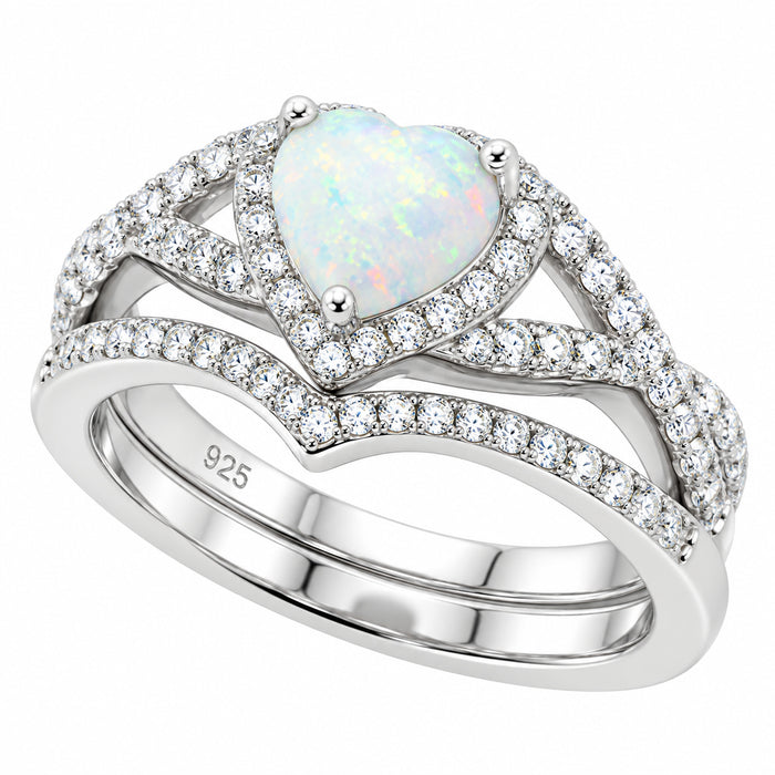 Right side view of 1 Carat Heart Cut Lab Created White Opal Silver Wedding and Engagement Ring Set