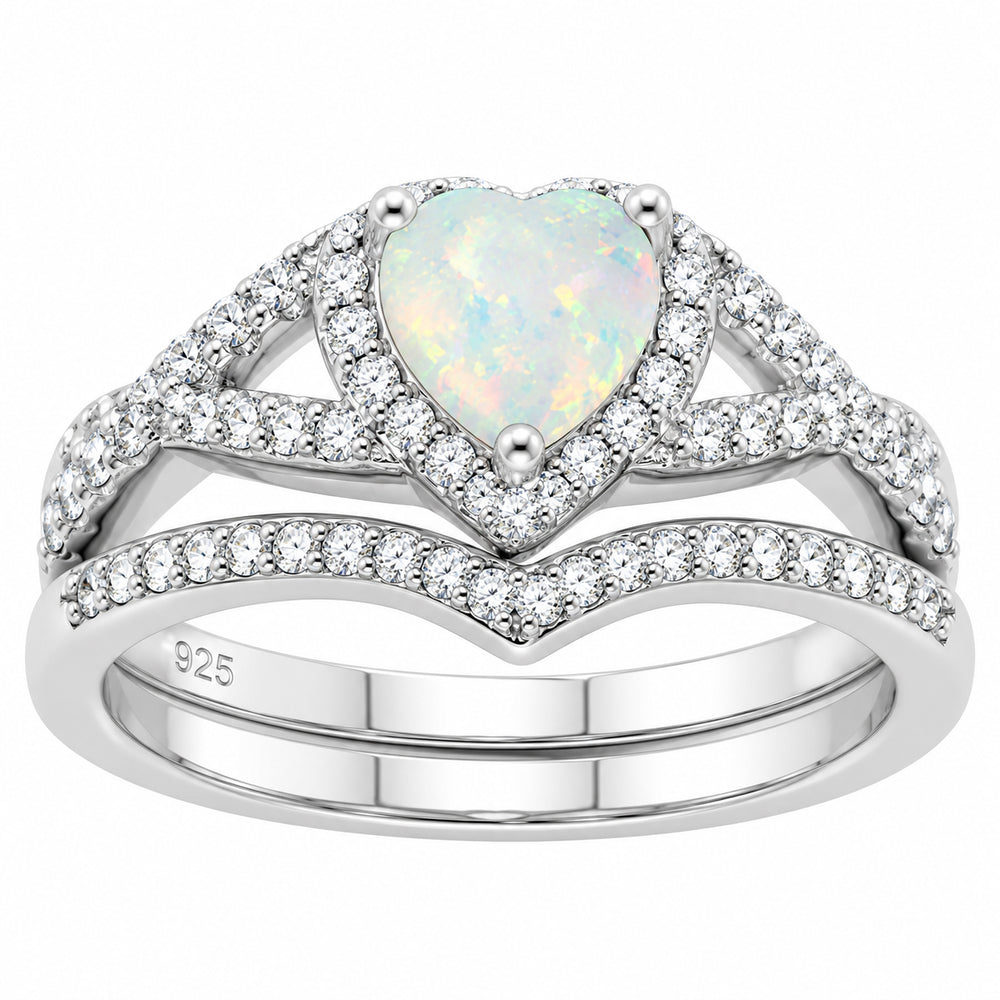 Front view of 1 Carat Heart Cut Lab Created White Opal Silver Wedding and Engagement Ring Set