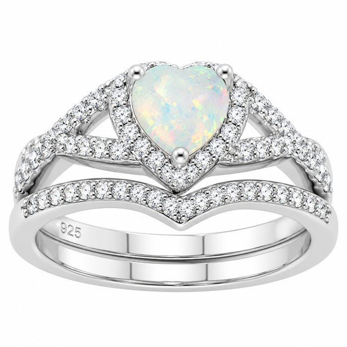 Front view of 1 Carat Heart Cut Lab Created White Opal Silver Wedding and Engagement Ring Set