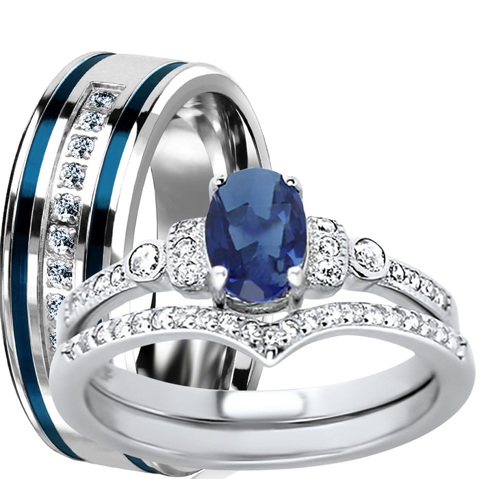 His and Hers Wedding Ring Set Blue CZ Silver Steel Bride Groom Rings