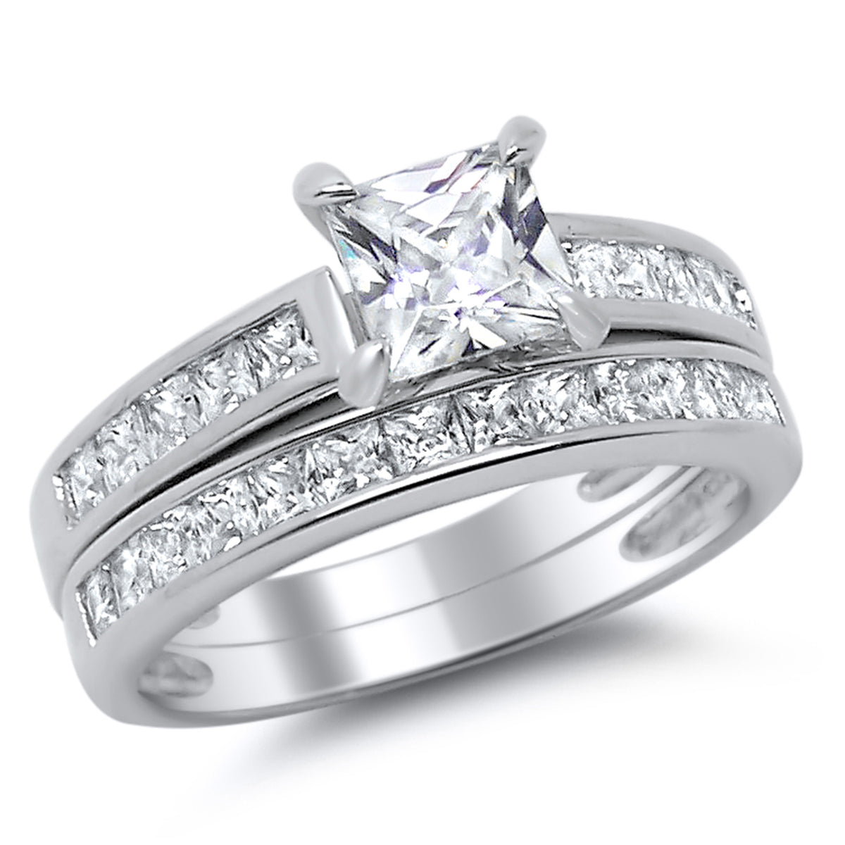 Alternate view of sterling Silver Princess Cut CZ Wedding and Engagement Ring Set