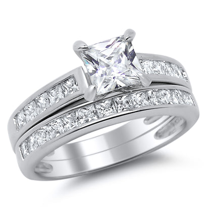 Alternate view of sterling Silver Princess Cut CZ Wedding and Engagement Ring Set