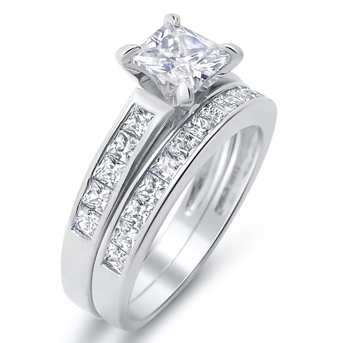Alternate view of sterling Silver Princess Cut CZ Wedding and Engagement Ring Set