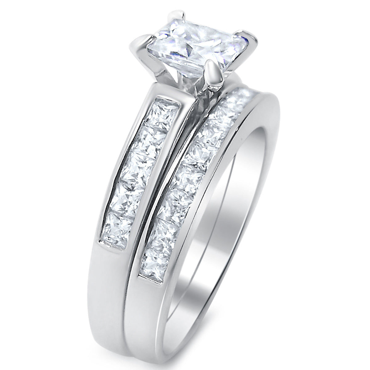 Alternate view of sterling Silver Princess Cut CZ Wedding and Engagement Ring Set